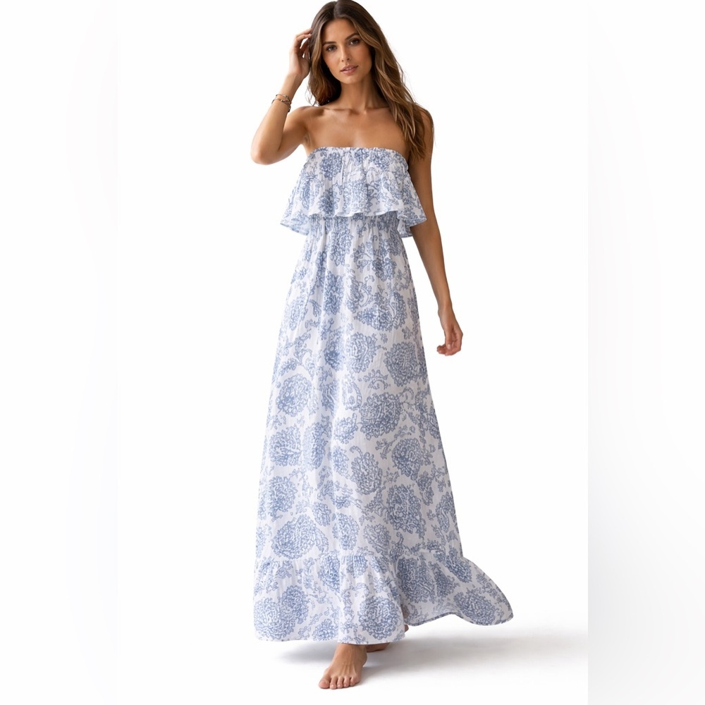 Moda International Strapless Maxi Linen Dress Size S Blue Paisley Floral Boho